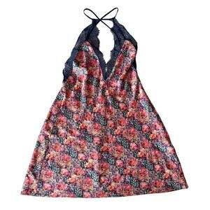 Vintage Victoria's Secret Small Babydoll Chemise Slip Printed Satin Lace Halter